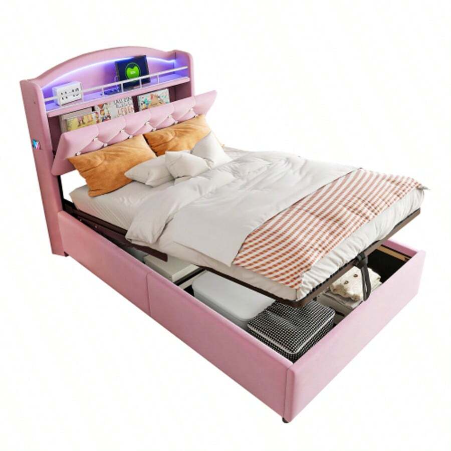 Children's Upholstered Bed 90x200, Velvet Single Bed, Multifunctional Bed With Storage Space, LED And USB, Beige - Pink - View 1