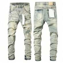 Top Quality 230 Purp Jeans for Men Durable and Stain Resistant American Letter Design Comfortable Fit Stretch Denim Pants Casual Wear Trendy Fashion - Azul lavado medio - Ver 1
