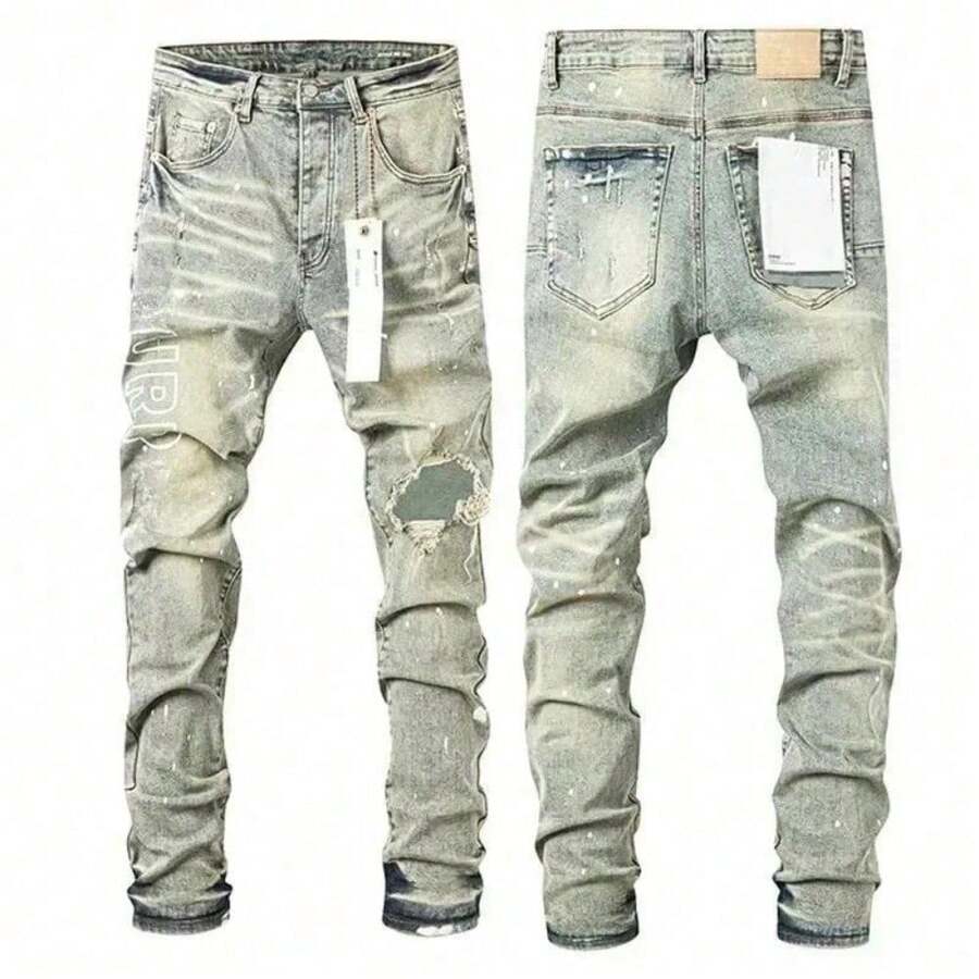 Top Quality 230 Purp Jeans for Men Durable and Stain Resistant American Letter Design Comfortable Fit Stretch Denim Pants Casual Wear Trendy Fashion - Azul lavado medio - Ver 1