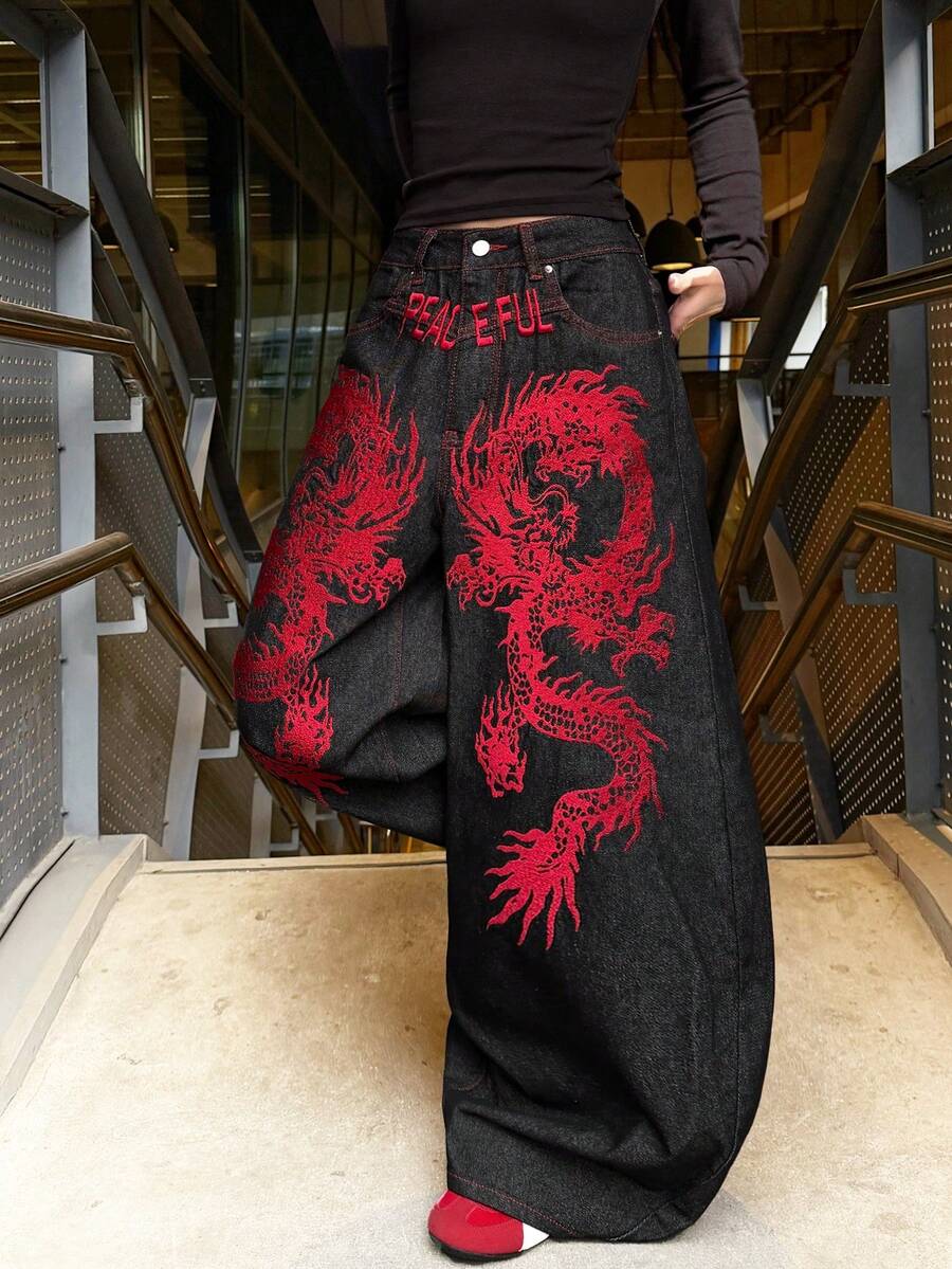 1 chiếc quần jeans nữ kiểu dáng vintage Nhật Bản, ống loe, thêu họa tiết, dáng rộng thoải mái, phù hợp mọi mùa (không bao gồm thắt lưng/phụ kiện), màu đen, phong cách thường ngày, thích hợp cho mùa xuân. - màu đen - Xem 1