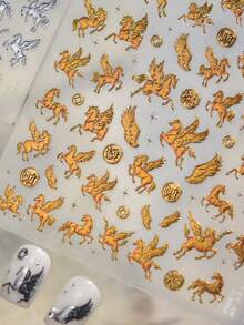 1pc Hot Stamping Flying Horse Treading Swallow European Vintage Gold Galloping Steed Angel Wing 5D Nail Art Stickers Mythical Elegant Nail Decals Self-Adhesive Manicure Accents For Women Nails - Multicolor - View 3
