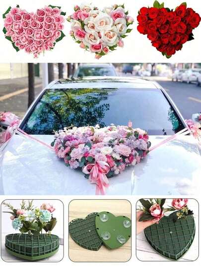 1 Heart-Shaped Flower Clay Block With Suction Cup, Wet Flower Clay Cage, Suitable For Valentine's Day Decoration, Artificial Flower Decoration, Wedding Decoration, Simulated Flower Clay, Home Decoration Flower Supplies, Can Be Used For Wedding Car Decoration, Party Table Center Decoration, Floral Design