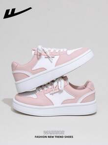 1 Pair WARRIOR Women's Thick Sole Lace-Up Soft Bottom Casual Shoes, Low-Top Outdoor Flat Shoes, Round Toe Low Heel Non-Slip Solid Color Elegant Soft Bottom Hiking Shoes, Suitable For Students, Graduation Photos, Flat Shoes, Low-Top Leather Sports Skateboard Shoes - White/Pink - View 2