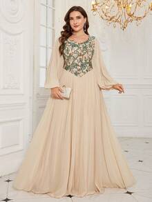 SUPGIR [Random Print] Plus Women's Long Sleeve Sweetheart Neckline Slim-Fitting Ruched Chiffon Evening Dress