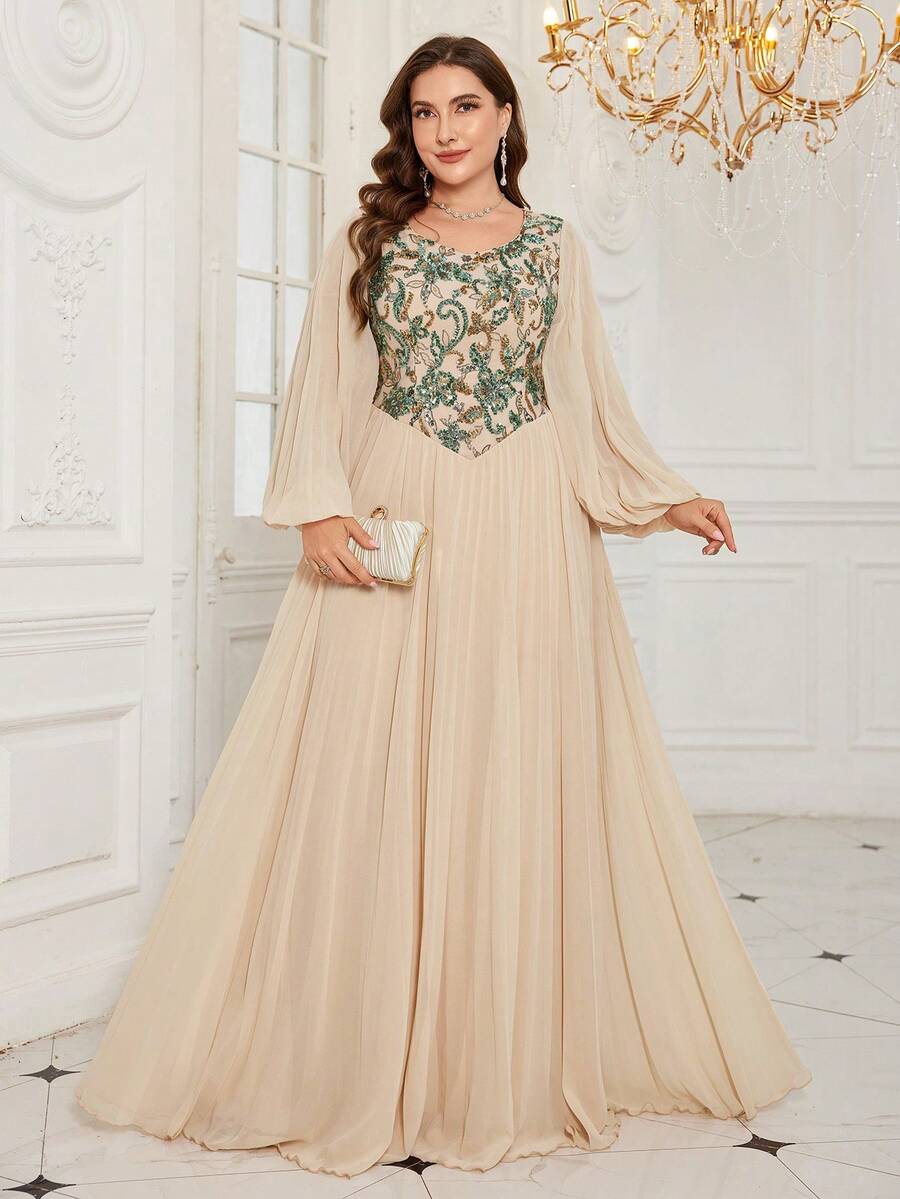 SUPGIR [Random Print] Plus Women's Long Sleeve Sweetheart Neckline Slim-Fitting Ruched Chiffon Evening Dress