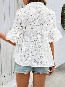 Plus Size Women Floral Embroidery Single-Breasted Ruffle Sleeve Casual Loose Top, Spring/Summer Vacation White - White - View 2