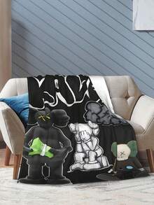 1pc Kawss Kawaii Kaw Anime Glam Style Flannel Blanket Super Soft Warm Bed Blanket Sofa Bedding Bedroom Sofa Office Car Four Seasons Cozy Shaggy Blanket Girls Boys Adult Gift - 黑色 - 查看 5