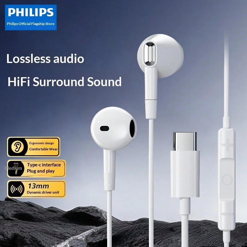 PHILIPS 飞利浦 TAE1020 Type-C 耳机，半入耳式有线耳机，带降噪麦克风，高清音质，1.1 米柔性线缆，按键式音量调节，Type-C 接口耳塞，适用于智能手机、平板电脑、笔记本电脑等设备。 - 輕盈白 - 查看 1