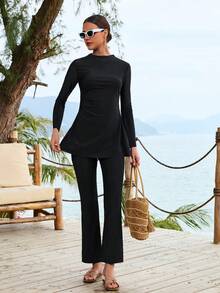 VFJ Set burkini da donna a copertura totale, nero, con parte inferiore a vita alta e parte superiore a maniche lunghe e collo a giro - nero - Visualizzare 7