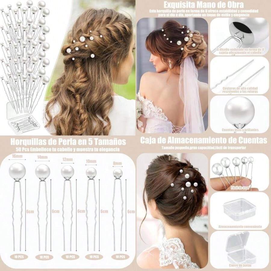 50 Piezas de Horquillas de Perlas,Accesorios para el Cabello de Novia con Perlas,5 Tamaños,Elegantes Accesorios para el Cabello Retro en Forma de U con Caja Blanca de Almacenamiento,Plateado(default) - Multicolor - Ver 1