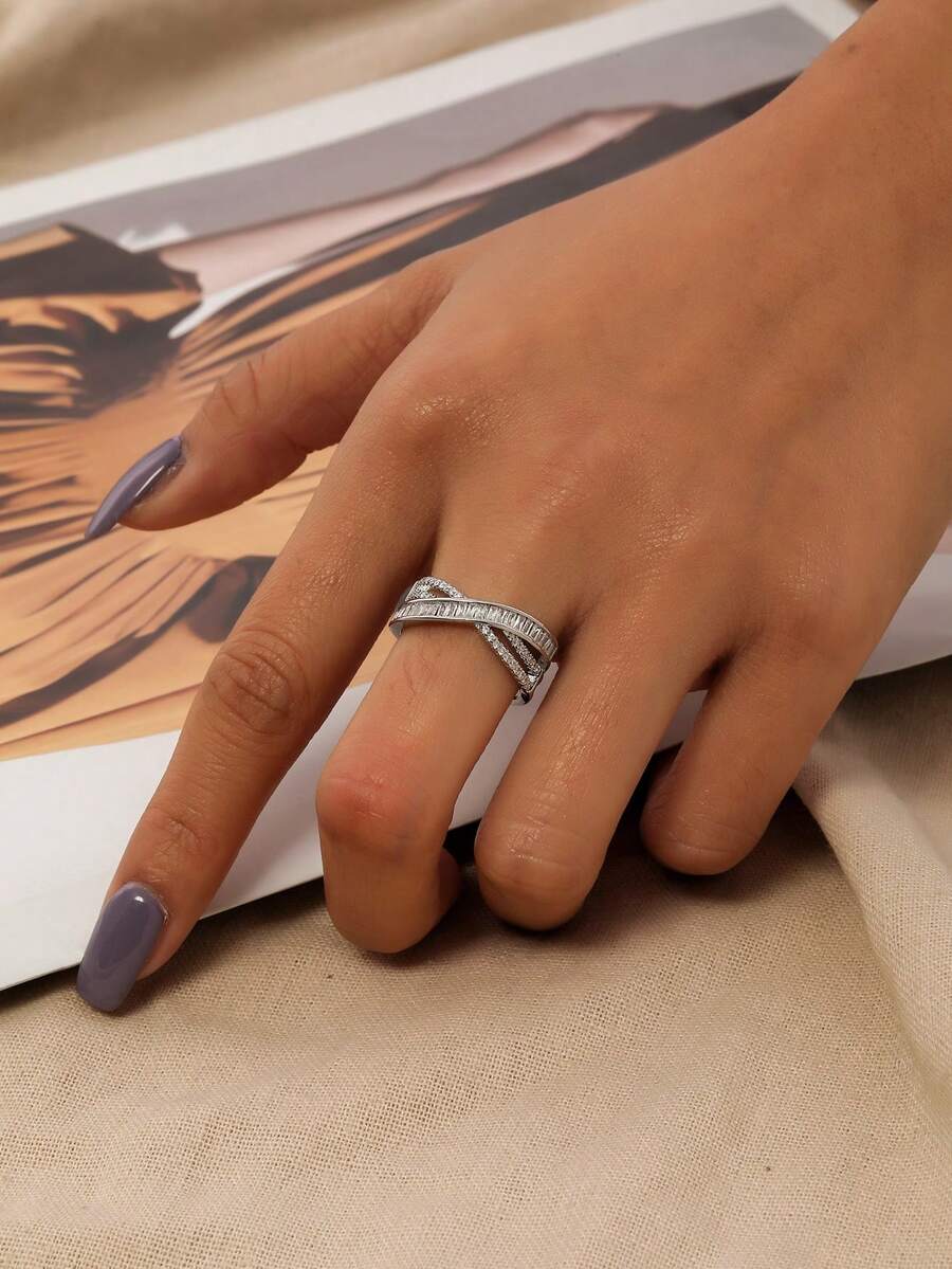 Nooxian 1pc Criss-Cross Opening Cubic Zirconia Copper Ring - Silver - View 1