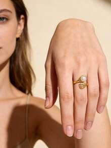 1件时尚简约不锈钢椭圆形锆石双层开口戒指/几何线条开口戒指/珍珠餐具戒指，适合女性日常、派对、假日佩戴 - 金色 - 查看 12