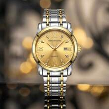 1pc CILOA Business Wrist Watch, Gold-Tone Metal Band + Roman Numeral Dial With Diamonds, Men's Quartz Watch For Casual & Daily Wear