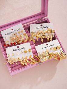 68/46/22pcs Cute Minimalist Metal Bow, Red Rhinestone, Heart, Geometric Waterdrop, C-Shape Earring Set, Faux Pearl Ring Set, Suitable For Women, Vacation, Date, Valentine's Day Gift, Daily Wear - Yellow Gold - View 3