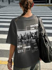 Áo thun nữ cổ tròn tay ngắn màu trắng in chữ thành phố New York thời trang đơn giản, dễ mặc, thời trang và đa năng - Màu xám đen - Xem 4