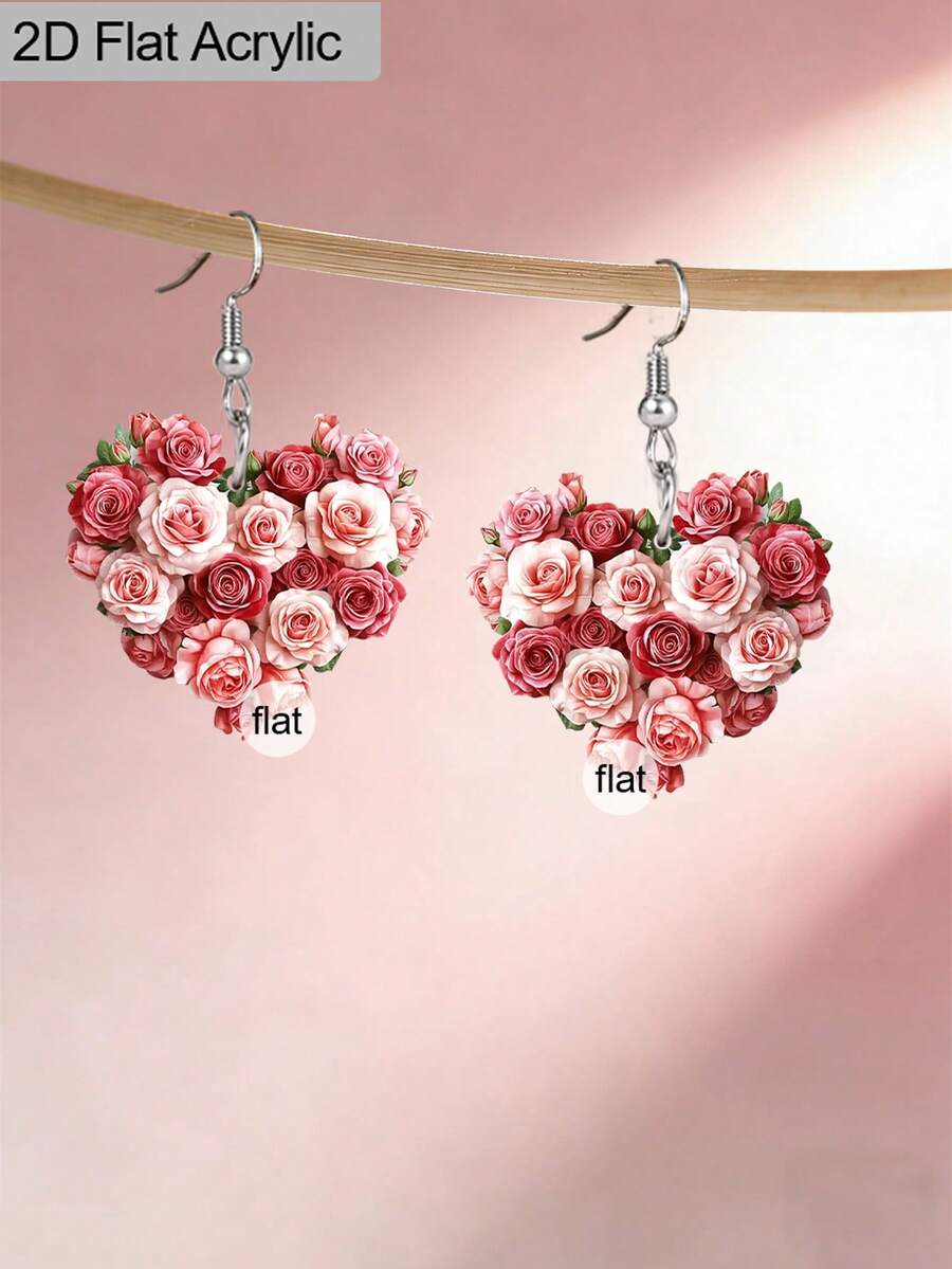 1 par de elegantes y románticos pendientes acrílicos con rosas rojas y rosas para mujeres, con forma de corazón, para el Día de San Valentín, novia, boda, regalos de pareja, regalos del Día de San Valentín - Multicolor - Ver 1