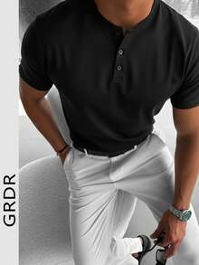 GRDR Men's Classic Solid Color Henley Neck Short Sleeve Shirt, Casual Essential Item, Summer Wardrobe Must-Have - Black - View 3