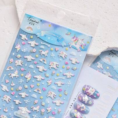 1套/1张 日本卡通人物5D白色美甲贴纸，3D女孩心形账号贴纸，可爱漂亮，送朋友的礼物，制造惊喜，美观又实惠，新年礼物，情人节礼物，复活节礼物（随机款式）