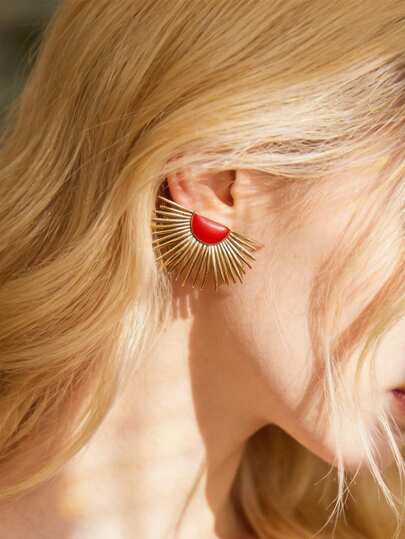 Mazuer 1对复古风格18K镀金红色珐琅棕榈叶耳钉，不锈钢材质，女士饰品，适合日常、通勤、派对等场合，个性配饰