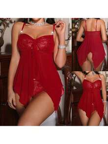 Women's Lace Trim Sheer Babydoll Lingerie Set - Spaghetti Strap Mesh Chemise With G-String For Valentine's Day Nightwear - Đỏ - Xem 6