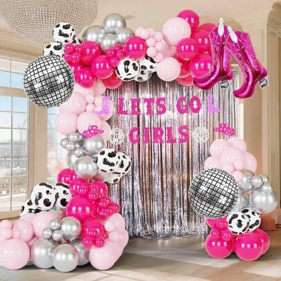 109pcs Cowgirl-Themed Balloon Arch Set, Includes Disco And Boot Foil Balloons, As Well As Bright Pink, Pink, Silver, And Cow-Print Latex Balloons. Perfect For Birthday Parties, First Birthday Parties, Bachelor/Bachelorette Parties, And Cowgirl-Themed Parties.
