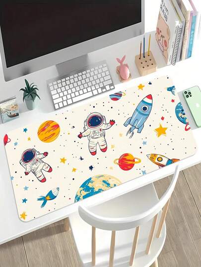 1个太空主题橡胶鼠标垫，防滑表面，尺寸足够大，适用于办公桌，饰有宇航员和火箭图案，适合作为圣诞节和新年礼物。