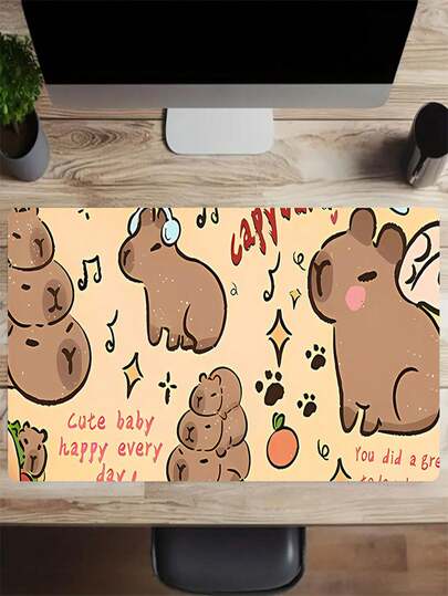 可爱动漫水豚鼠标垫 - 防滑橡胶桌面垫，印有音符和水豚图案，超大尺寸，适用于电脑/笔记本电脑，水豚主题周边产品，耐用材质，趣味设计，家居/办公空间装饰，萌趣鼠标垫