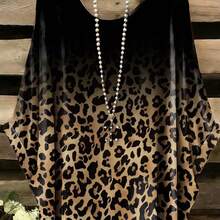 Leopard Gradient Gold & Black Fashionable Loose Fit Crew Neck T-Shirt, Spring & Summer - Multicolor - View 3