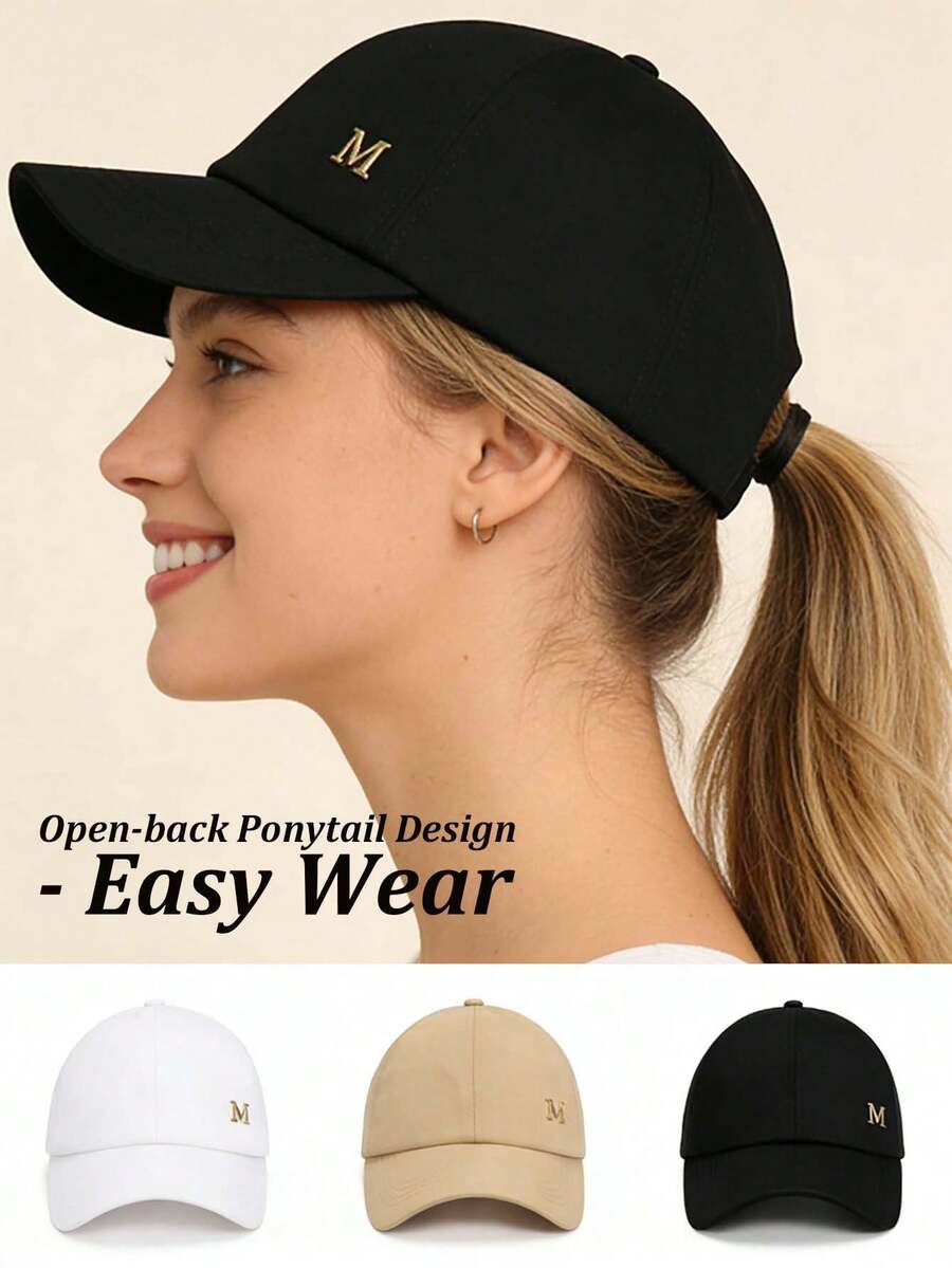 女士户外马尾辫友好型露顶棒球帽，M字母 - 简约字母防晒帽