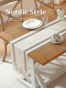 1pc Beige Hollow Tassel Woven Table Runner, Minimalist Elegant Long Tassel Decor Table Runner, Home Decor, Suitable For Wedding, Restaurant, Living Room, Family Gathering, Party, Dinner Table Decoration, Washable And Reusable - Beige - View 6