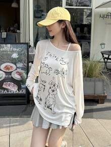 女士宽松休闲卡通印花不对称露肩罩衫T恤，夏季白色 - 白色 - 查看 8