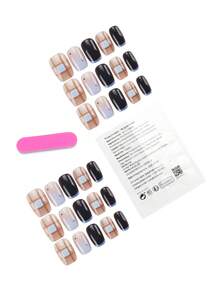 30pcs Short Square/Colorblock Plaid Polka Dot French Tip Nail Stickers, Enhance Your Elegance, Includes Gel Glue & Applicator Strips, Reusable For DIY Manicure, Daily Essential Nails Nail Supplies - Multicolor - View 2