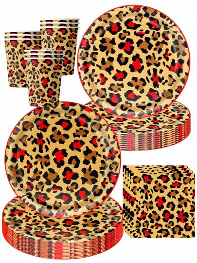 50Pcs Leopard Print Party Supplies Set - Vibrant Red & Brown Animal Pattern Disposable Paper Plates Cups & Napkins | Festive Tableware For Adults' Retro Birthday Celebrations & Bold Style Gatherings | Chic Animal Print Decor For Home Party Favors & Themed Celebration Essentials