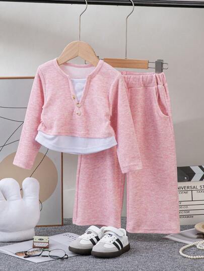 女童两件套，V领上衣+带口袋阔腿裤，纽扣装饰，柔软面料，休闲套装，甜美日常装