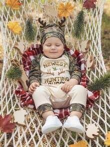 Conjunto para bebé niño, nuevo mono de manga larga con estampado de hojas y ramas, ropa de primavera para recién nacido, sombrero - Verde militar - Ver 4