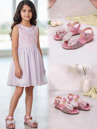 1 Pair Fuchsia Plus Size Toddler Girls' Flat Sandals, Soft Leather With Sequins, Butterfly Decor, Peep Toe, Non-Slip Soft Sole, Fashion Princess Style Beach/Casual Wear, Suitable For 3-12 Years Old, Spring/Summer 2026