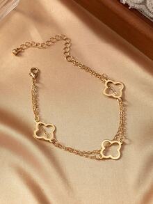 1条双层镂空四叶草吊坠脚链，时尚优雅，适合派对、宴会和日常佩戴。 - 金黃色 - 查看 5