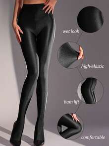 1pc Lightweight, Shiny, Stretchy, Elegant, Slim-Fit Leggings, Versatile For Spring/Summer - Black - View 1
