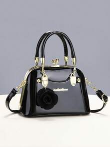2026 New Black Patent Leather Handbag, Gold Metal Rose Decor, Korean Style Versatile Shoulder/Crossbody Bag, Suitable For Daily, Shopping, Dating, Festivals, Formal Events - Black - View 1