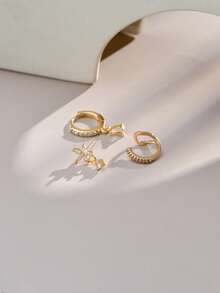 3pcs/Set Fashionable & Elegant Micro-Inlaid Zirconia Flower & Teardrop Earrings Set, Suitable For Girl's Vacation & Casual Wear - Gold - View 3