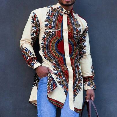 Men's Casual Minimalist Floral Print Shirt, Bohemian Style, Turndown Collar, Side Slit Hem, Suitable For Travel, Daily Wear, And Dating