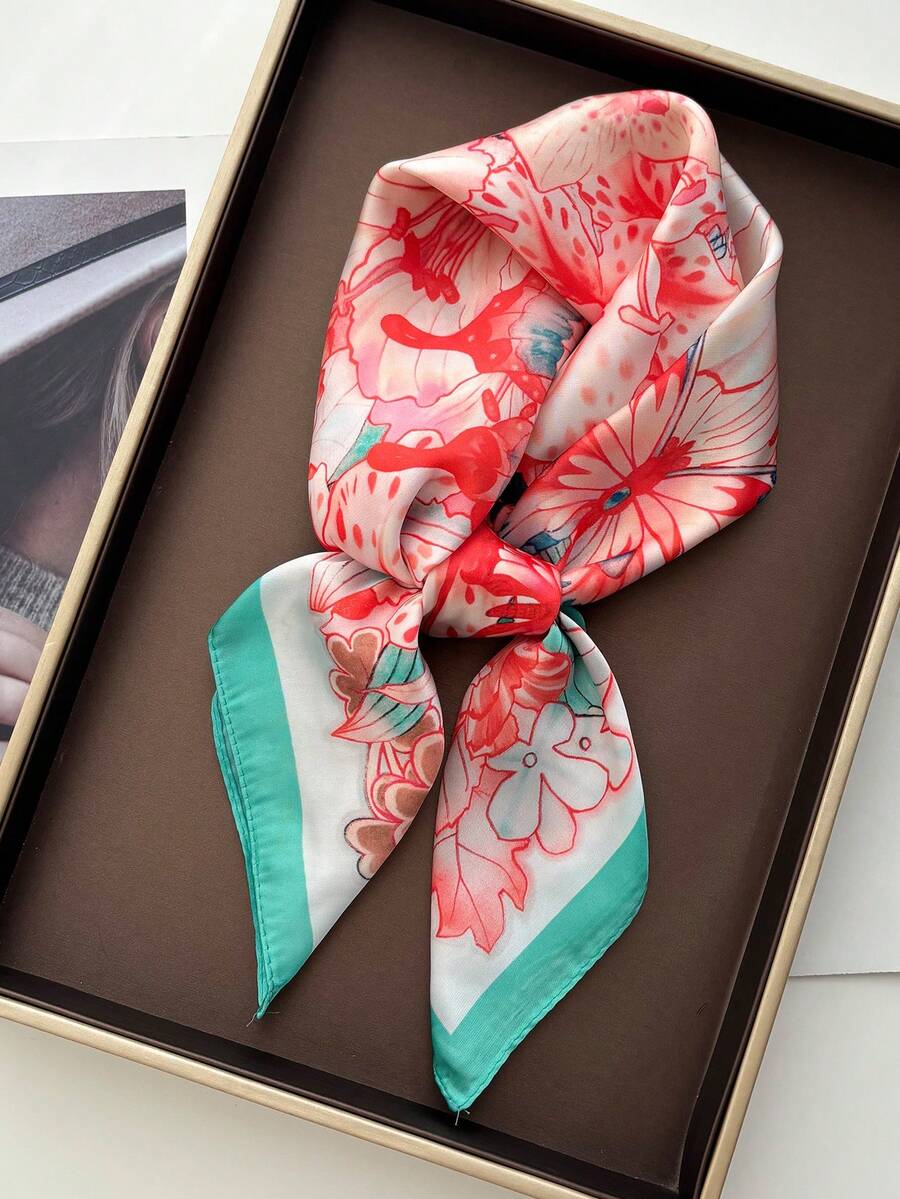 1 chiếc khăn vuông 70cm in họa tiết hoa mùa xuân/hè dành cho nữ, chất liệu giả lụa, khăn choàng giữ ấm cổ đa năng phù hợp sử dụng hàng ngày. - Hoa màu hồng xanh hồ - Xem 1