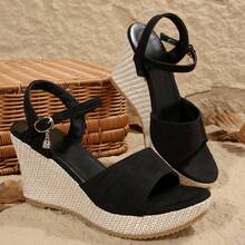 Women's Fashion Wedge Sandals, Black Rope Bottom Thick Sole Wedge Sandals, Spring/Summer New Arrival - Black - View 6