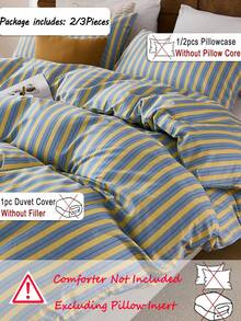 2pcs/3pcs Cotton Blue Background With Yellow Vertical Lines Print Duvet Cover Set (1 Duvet Cover + 1/2 Pillowcases, Daily Use, Soft & Skin-Friendly , Suitable For Indoor Bedrooms, Master Bedroom, Guest Bedroom And Secondary Bedroom All Year Round - Multicolor - View 3