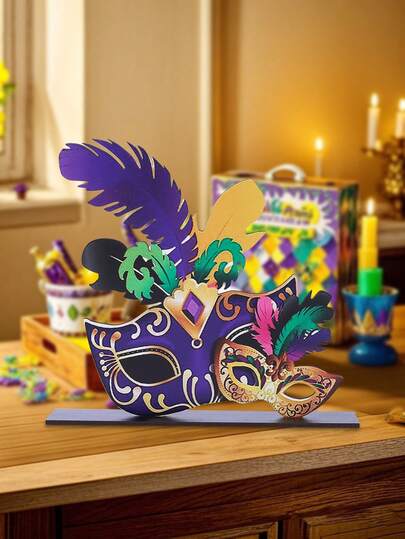 1pc, Mardi Gras Feather Mask Wooden Desktop Ornaments, Carnival Holiday Wooden Table Ornaments, Carnival Bedroom Office Table Decorations, Carnival Desktop Home Wooden Decoration, Home Decor For Tabletop, Shelf, Table Centerpieces Gifts
