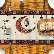 1 Stück Ramadan Tischläufer, klassisches Halbmond-Blumen-Muster, Eid Dekoration, Tischläufer aus Kunstleinen, Bauernhaus Dekor Schrank Flagge, Ramadan & Eid Feiertags Tisch Dekoration, geeignet für Festivalpartys, Bauernhaus Küche und Catering Dekoration - Verschiedenfarbig - Übersicht 4