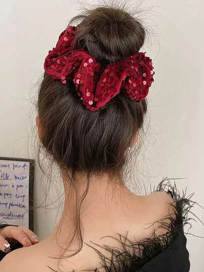 1pc Vintage Velvet Sequin Scrunchie, Elegant French Style Girly Hair Accessory For Autumn/Winter