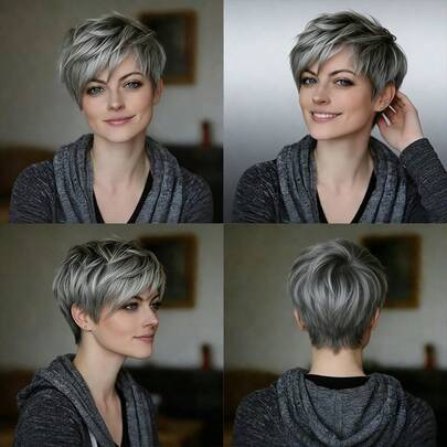 Tóc giả ngắn kiểu pixie, tóc thật nguyên chất Brazil, tóc thẳng, không cần keo dán, mật độ tóc cao, có mái, mũ lưới hoa hồng, phù hợp cho sử dụng hàng ngày, dự tiệc và cosplay.