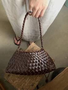 2026新款手工编织咖啡色包包，度假风单肩包，腋下包，孕妇包，手提包，商务休闲托特包，女士适用，适合工作、购物、约会、旅行、大学生、日常使用（不含配件） - 咖啡 - 查看 1