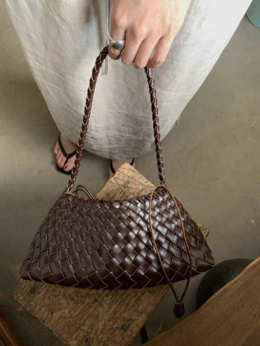 2026新款手工编织咖啡色包包，度假风单肩包，腋下包，孕妇包，手提包，商务休闲托特包，女士适用，适合工作、购物、约会、旅行、大学生、日常使用（不含配件） - 咖啡 - 查看 1